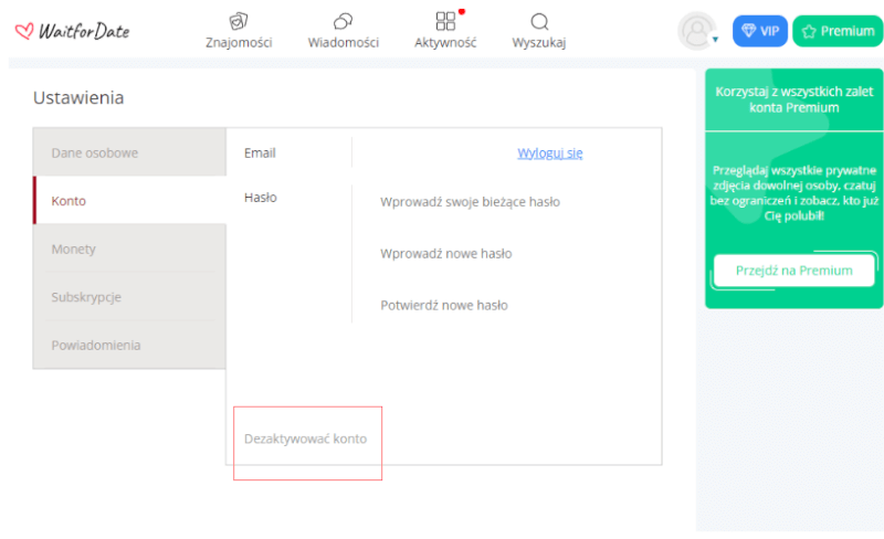 Jak usunąć konto na WaitForDate?